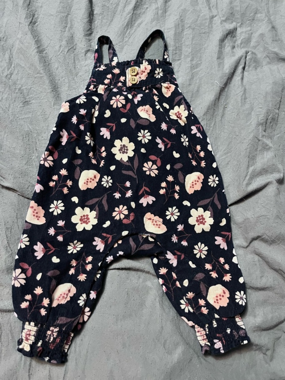 Kids Floral Corduroy Overalls - Navy with Pink & Cream Flowers Size Newborn